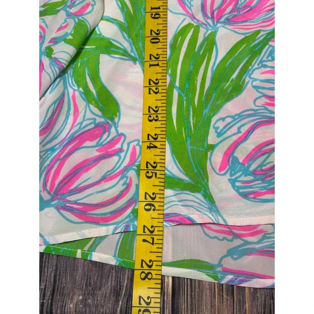 Lilly Pulitzer Silk Blouse Womens Large Tulip Time Floral Pink Green Button Top - Picture 5 of 12
